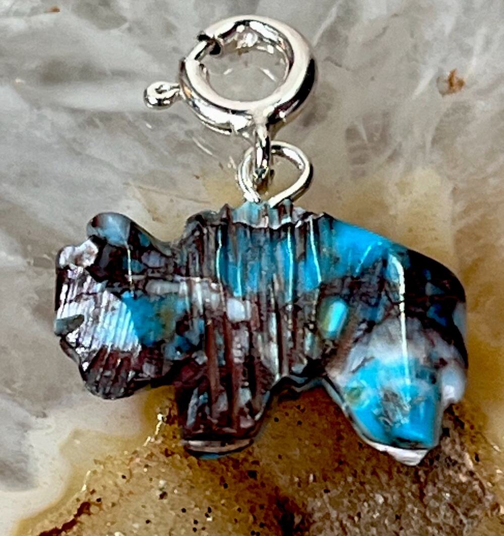 NAVAJO Handmade Kingman Turquoise Buffalo Charm Sterling Silver Clasp- C. McCabe